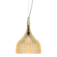 Golden ribbed pendant lamp with a sleek, modern design, featuring a soft translucent finish. Perfect for stylish interiors.