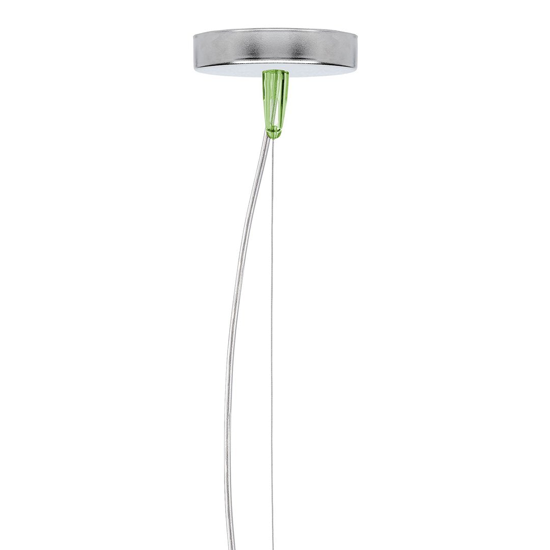 Sleek silver ceiling mount with a vibrant green connector and a minimalist white cord. Perfect for modern decor.