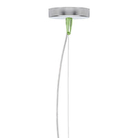 Sleek silver ceiling mount with a vibrant green connector and a minimalist white cord. Perfect for modern decor.