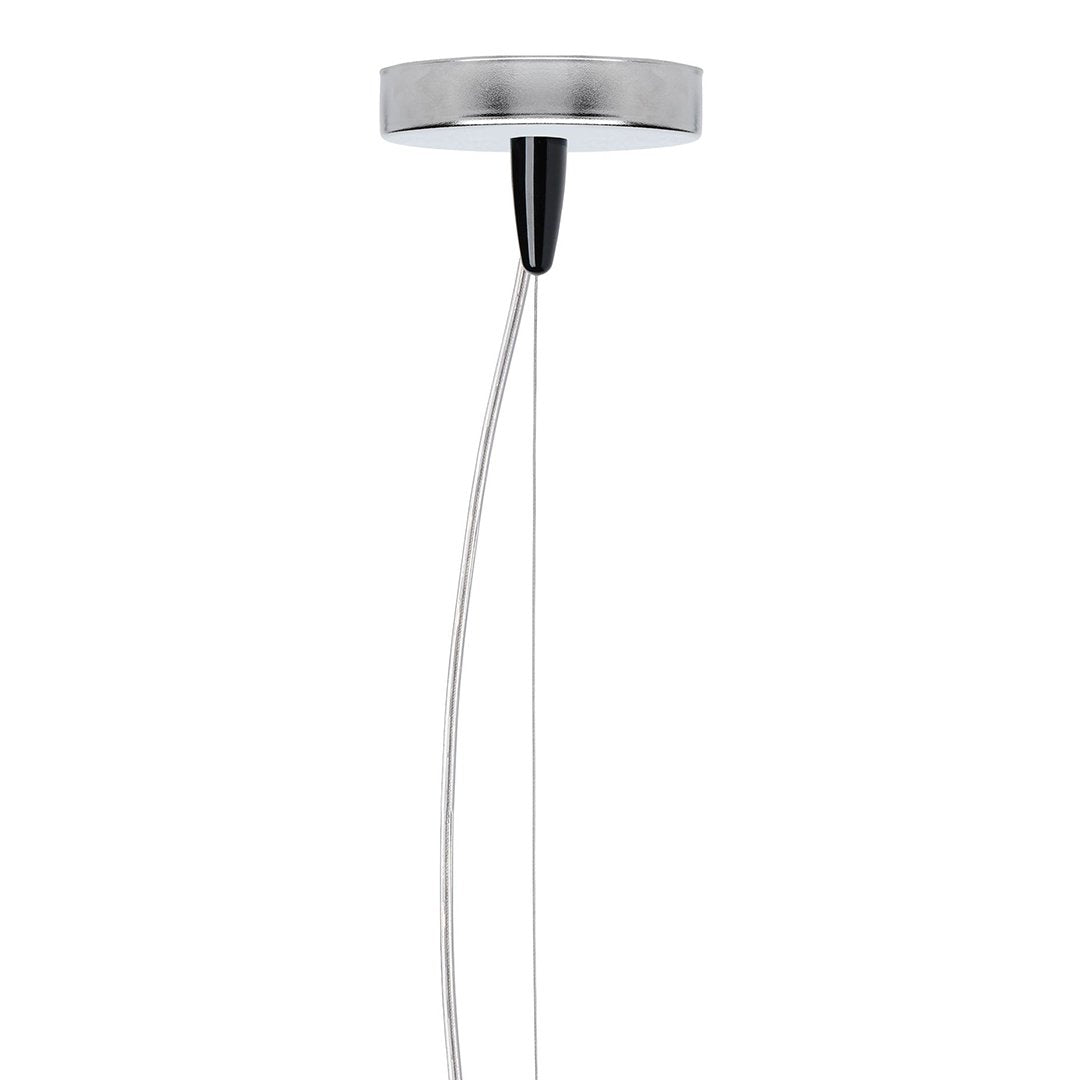 Sleek metallic ceiling pendant light with a silver disk and black accent, featuring a minimalist, modern design.