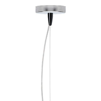 Sleek metallic ceiling pendant light with a silver disk and black accent, featuring a minimalist, modern design.
