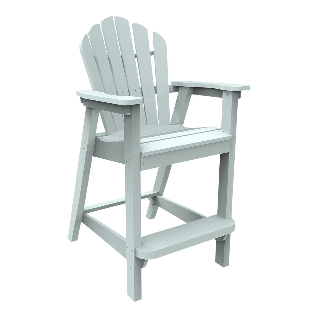 Light gray Adirondack chair with a classic slatted design and wide armrests, perfect for outdoor relaxation.