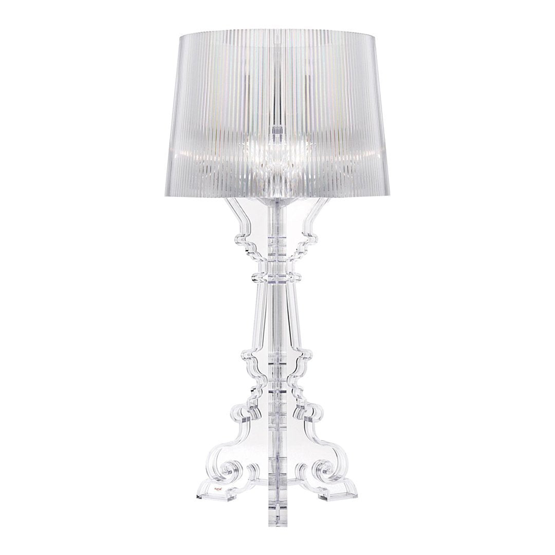 Transparent crystal lamp with a pleated white shade, showcasing a contemporary design and elegant patterns.
