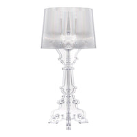 Transparent crystal lamp with a pleated white shade, showcasing a contemporary design and elegant patterns.