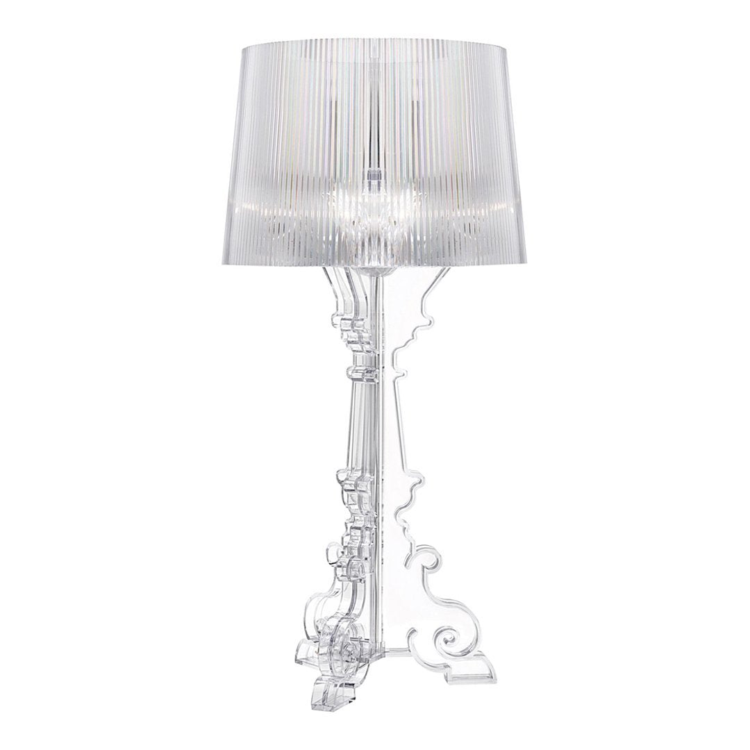Clear acrylic lamp with a ribbed shade and intricate transparent base, blending modern and classic design elements.