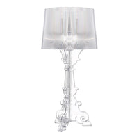 Clear acrylic lamp with a ribbed shade and intricate transparent base, blending modern and classic design elements.