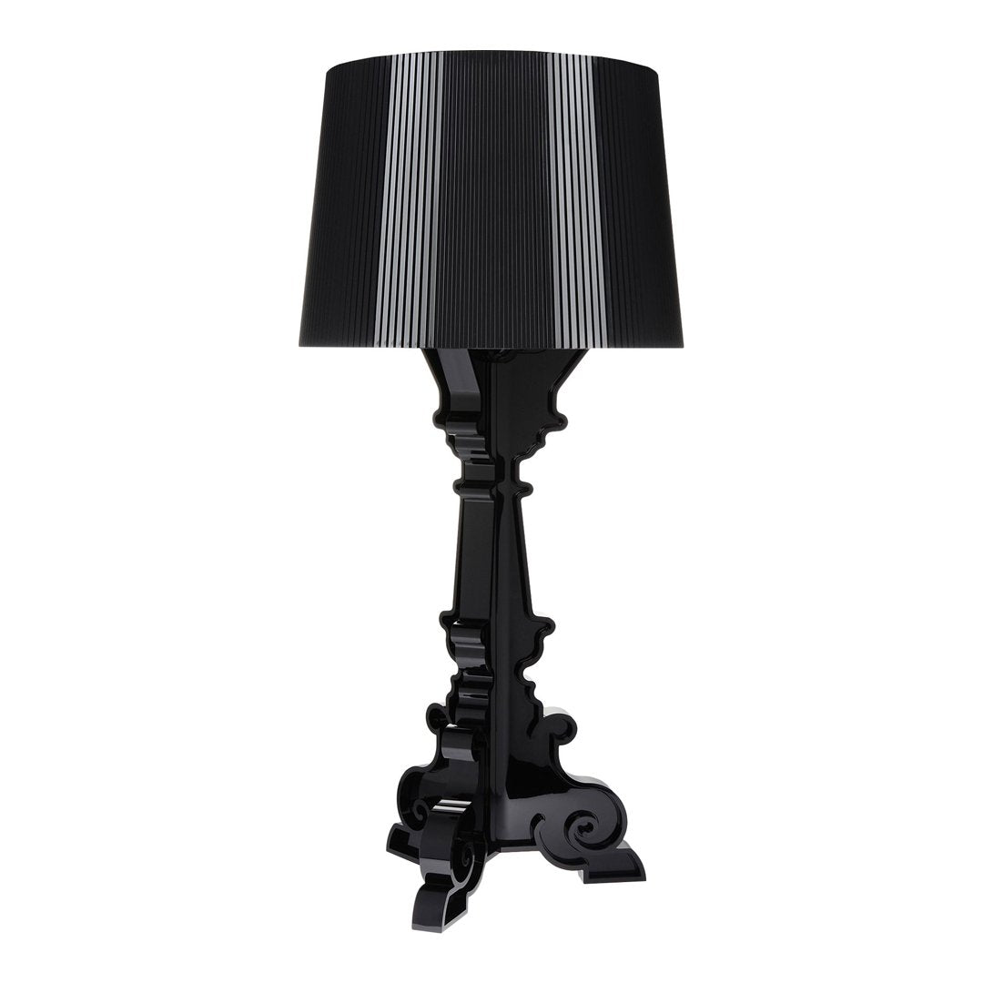 Black lamp with a sleek, striped black shade and ornate black base, ideal for modern decor.