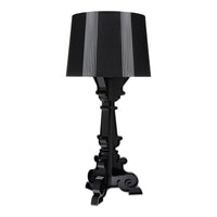 Black lamp with a sleek, striped black shade and ornate black base, ideal for modern decor.