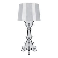 Striped gray and white lampshade atop a glossy black ornate base for a stylish contrast in home decor.