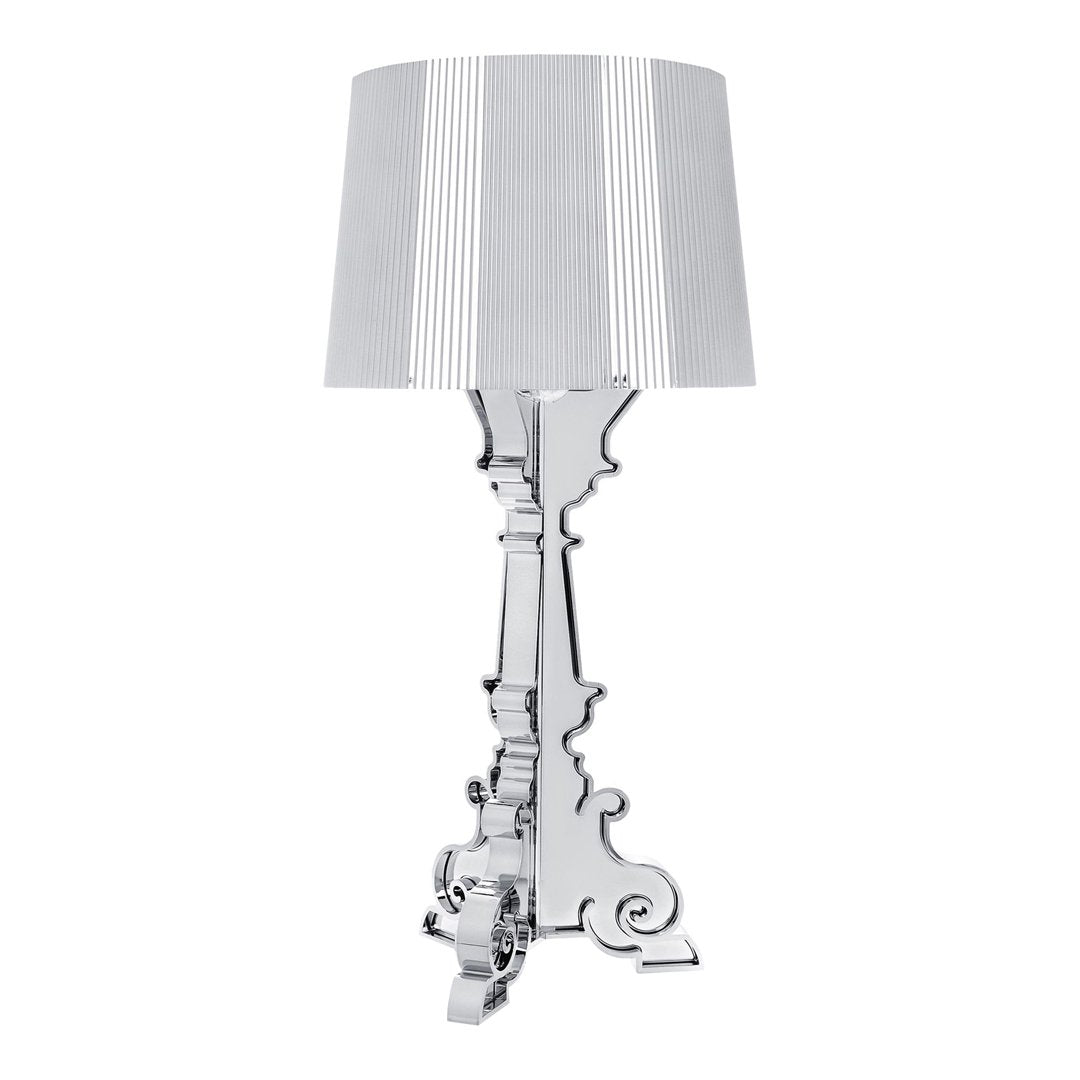 Elegant chrome lamp with a vertical striped gray and white fabric shade, perfect for modern decor.