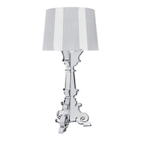 Elegant chrome lamp with a vertical striped gray and white fabric shade, perfect for modern decor.