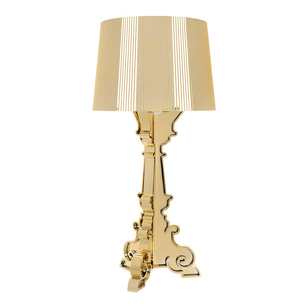 Gold lamp base with a cream striped shade, featuring elegant detailing and a classic design.