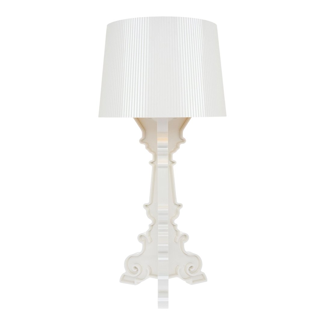 White table lamp with a pleated shade and ornate base, showcasing a modern yet classic design.