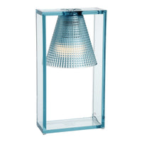 Blue glass lamp with a textured conical shade and clear rectangular base, featuring a modern, minimalist design.