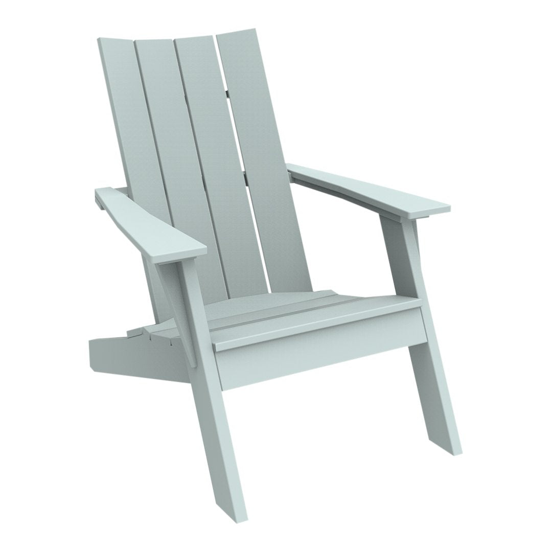 Light gray Adirondack chair with a slatted design, perfect for outdoor relaxation.