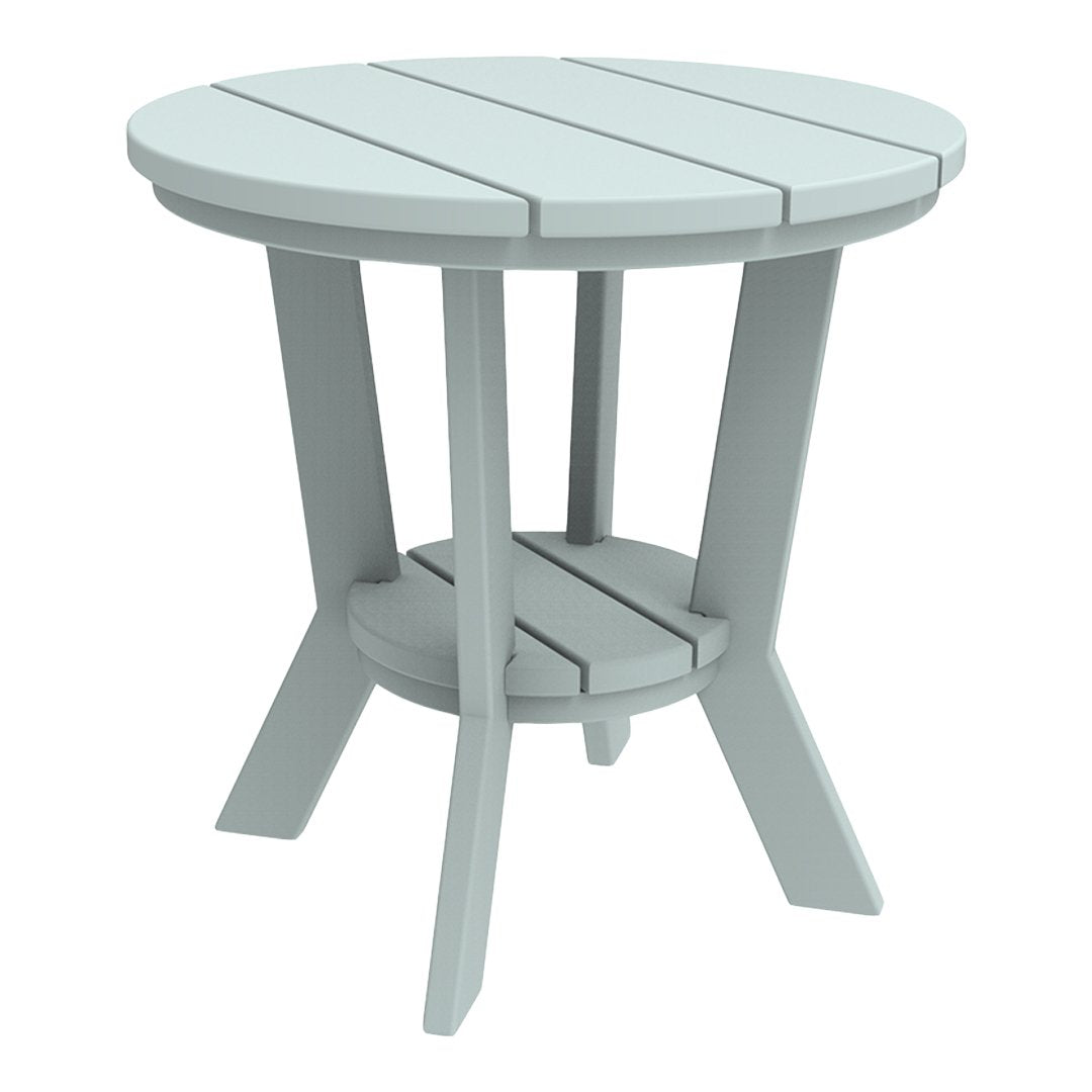 Round gray outdoor side table with slatted top and sturdy legs, perfect for patio or garden decor.