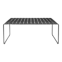 Black slatted metal table with a sleek geometric pattern, perfect for modern outdoor or indoor settings.