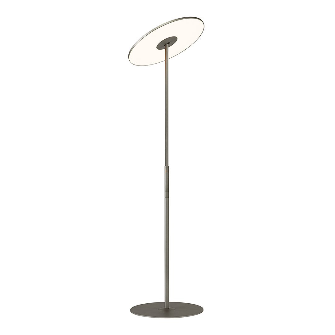 Sleek metallic floor lamp with a round white shade and smooth, minimalist design. Ideal for modern decor.