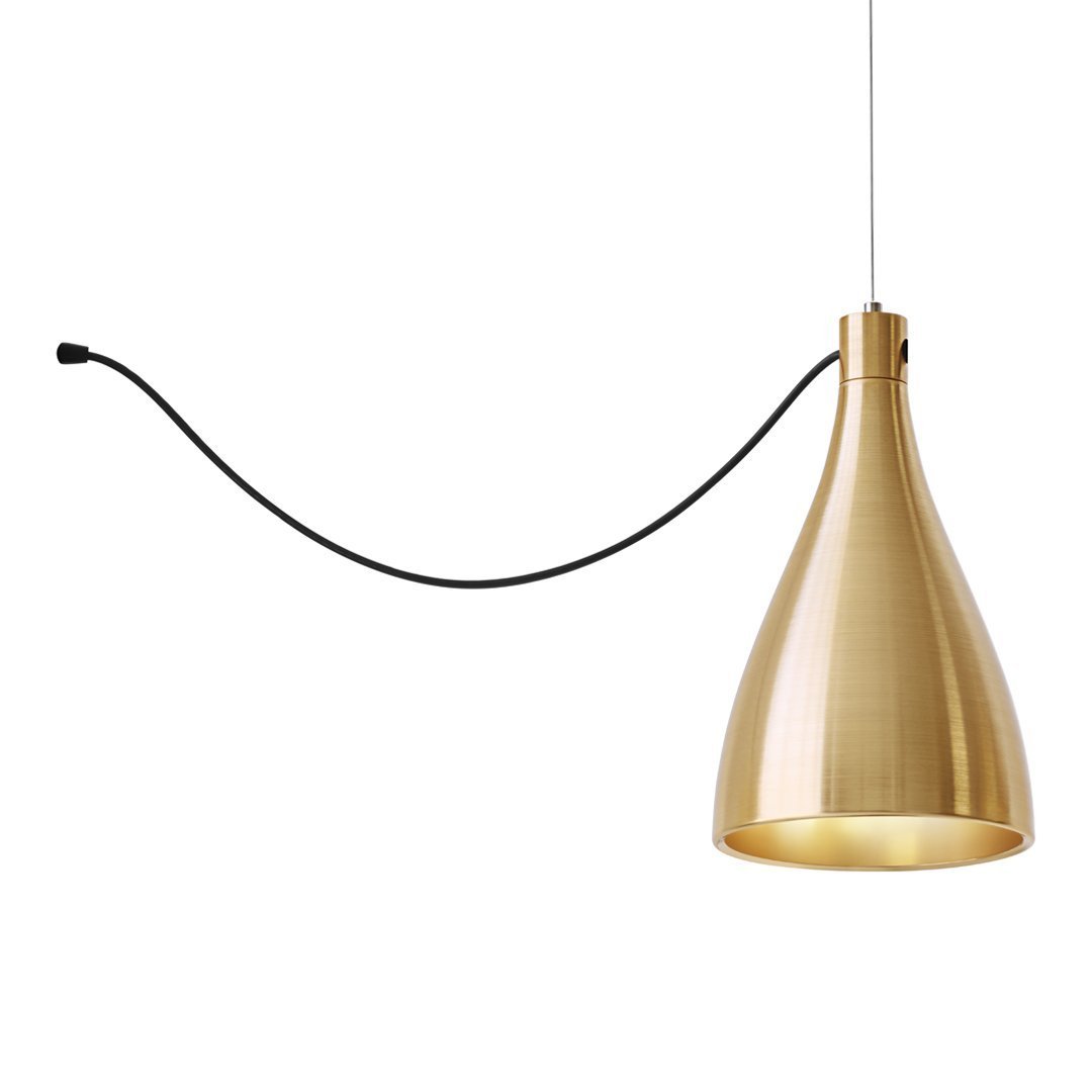 Gold pendant lamp with a sleek, modern design, featuring a black hanging cord for stylish contrast.