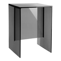 Stylish black glass side table with minimalistic design and sleek, contemporary lines. Perfect for modern decor.