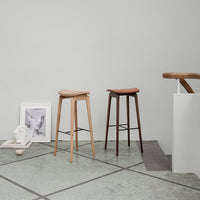 "Light wood and dark wood bar stools on a textured green floor, featuring smooth finishes and simple lines."