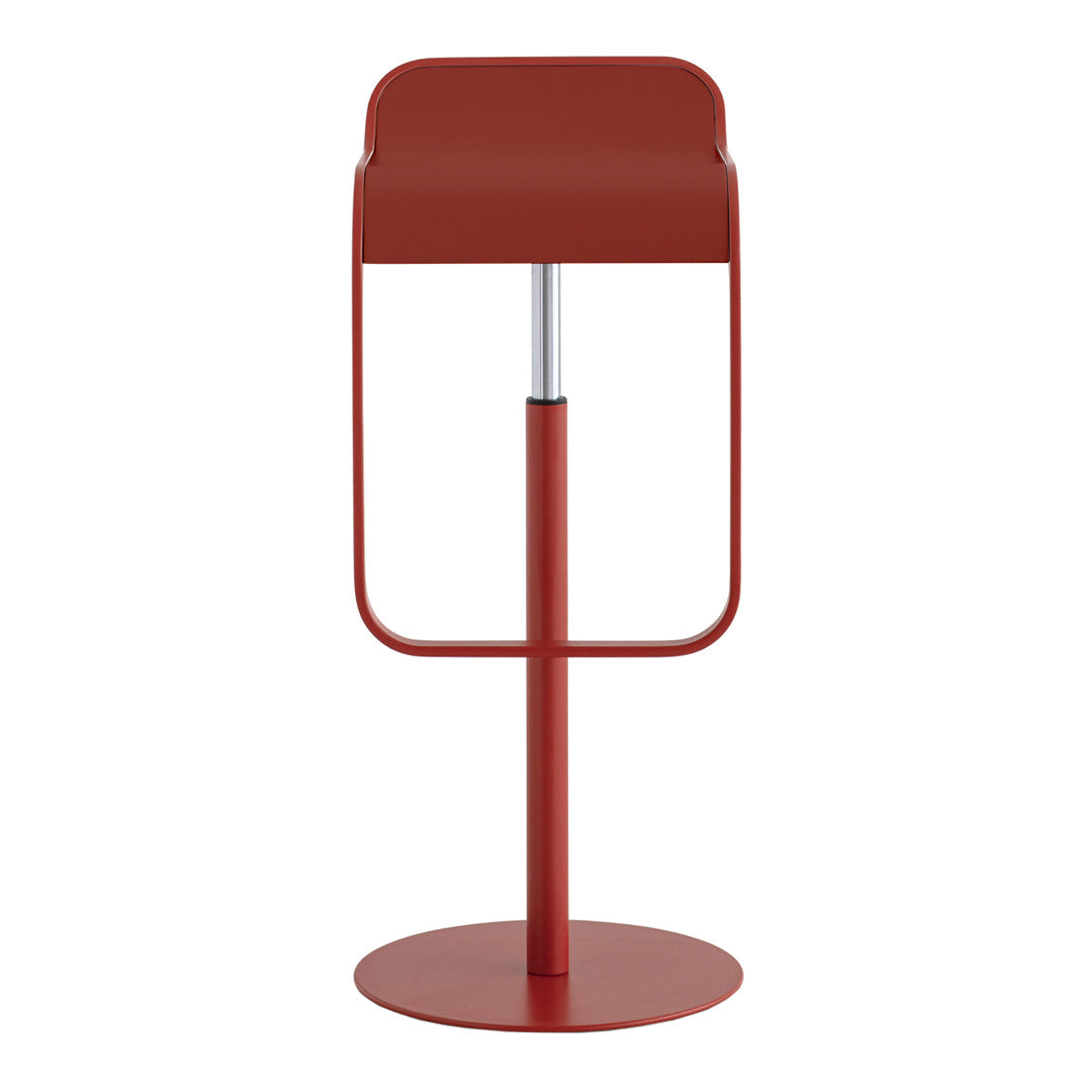 Modern red bar stool with a sleek, minimalist design and smooth circular base, perfect for contemporary spaces.