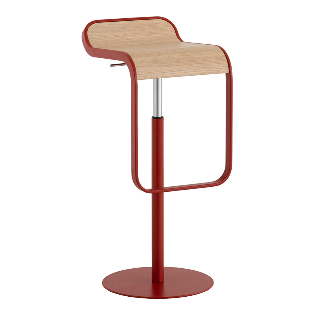 Red bar stool with a curved wood seat and a sleek metal base, featuring a minimalist design and warm tones.