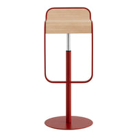 Red metal bar stool with a natural wood seat and sleek, modern design. Perfect for contemporary spaces.