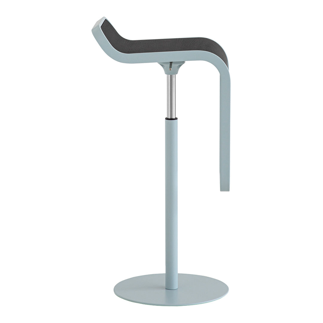 Modern bar stool featuring a soft blue base with a sleek, dark gray seat and minimalist curved design.