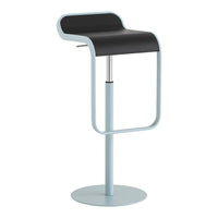 Modern bar stool with a sleek black seat and light blue metal frame, featuring a minimalist design.