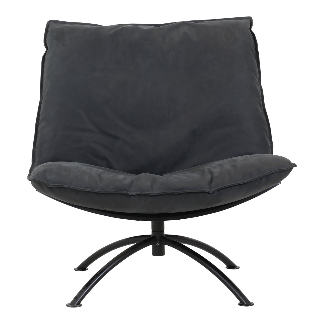 Cozy grey lounge chair with a plush cushion and sleek black metal base, perfect for modern decor.