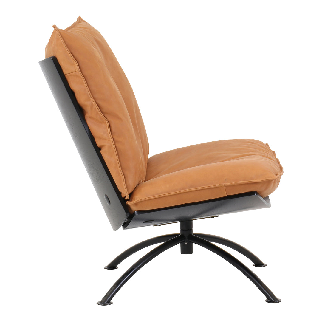 "Brown faux leather cushioned chair with a sleek black metal base, featuring a minimalist design."