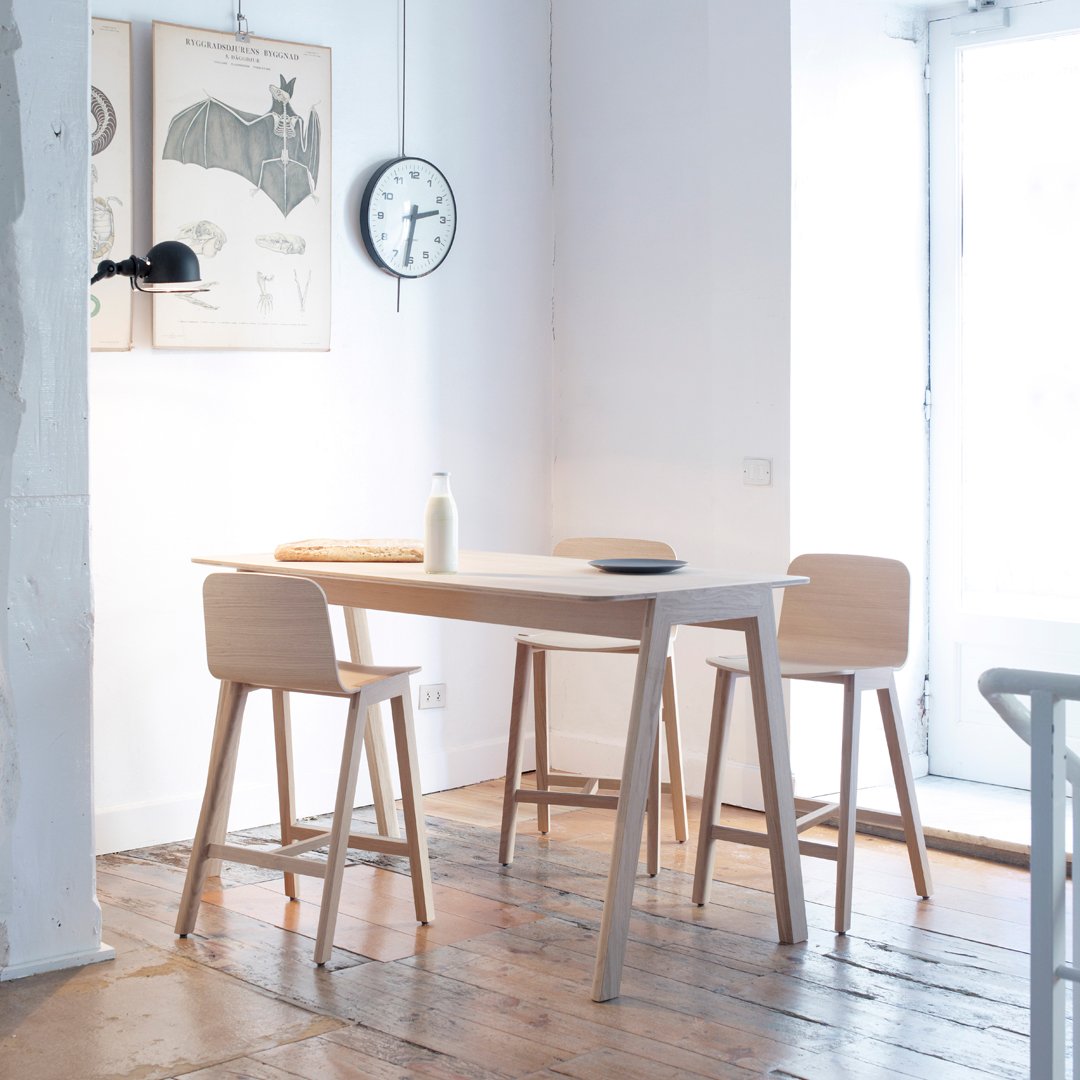 Light wood dining table and stools in a bright, minimalist space with white walls and natural light.