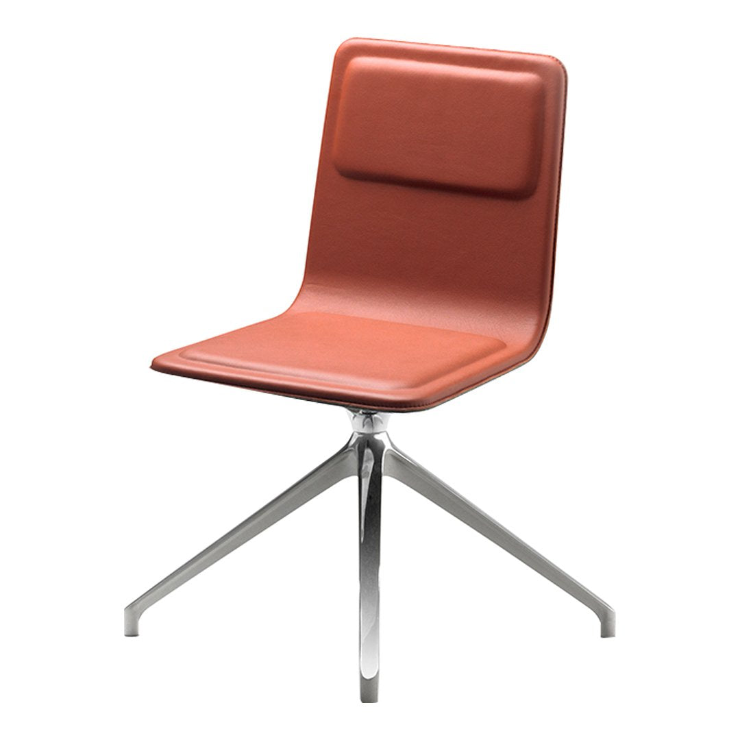 Modern chair with a sleek orange-brown seat and a shiny chrome base, offering a stylish and contemporary look.