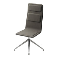 Gray upholstered chair with two distinct padded sections, set on a sleek chrome base. Modern design accentuates interior aesthetics.