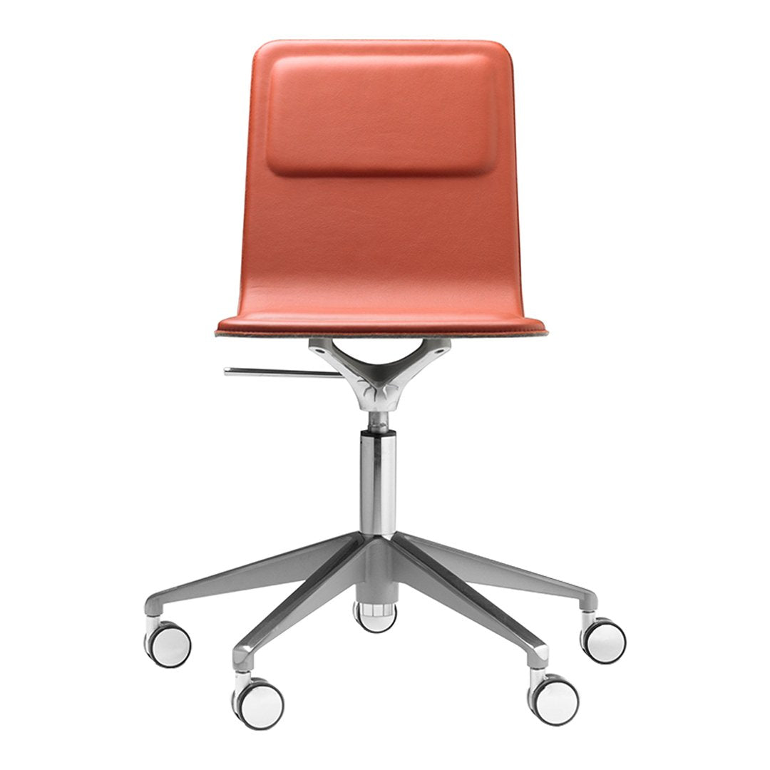 Modern swivel chair in vibrant coral with a sleek silver base and minimalist design. Perfect for contemporary decor.