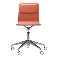 Modern swivel chair in vibrant coral with a sleek silver base and minimalist design. Perfect for contemporary decor.