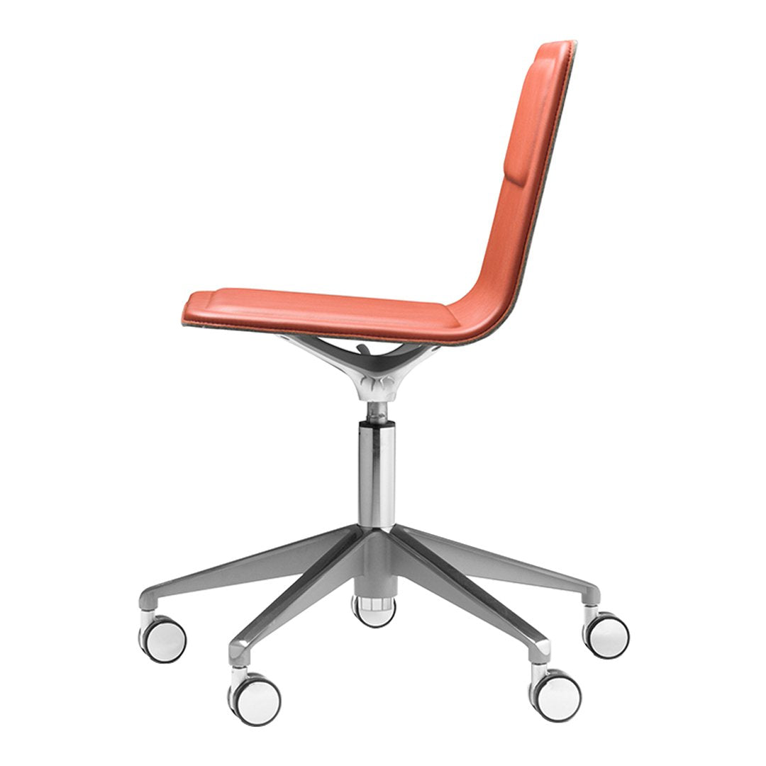 Orange ergonomic office chair with a sleek design and chrome base, featuring a modern, minimalist aesthetic.