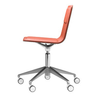 Orange ergonomic office chair with a sleek design and chrome base, featuring a modern, minimalist aesthetic.