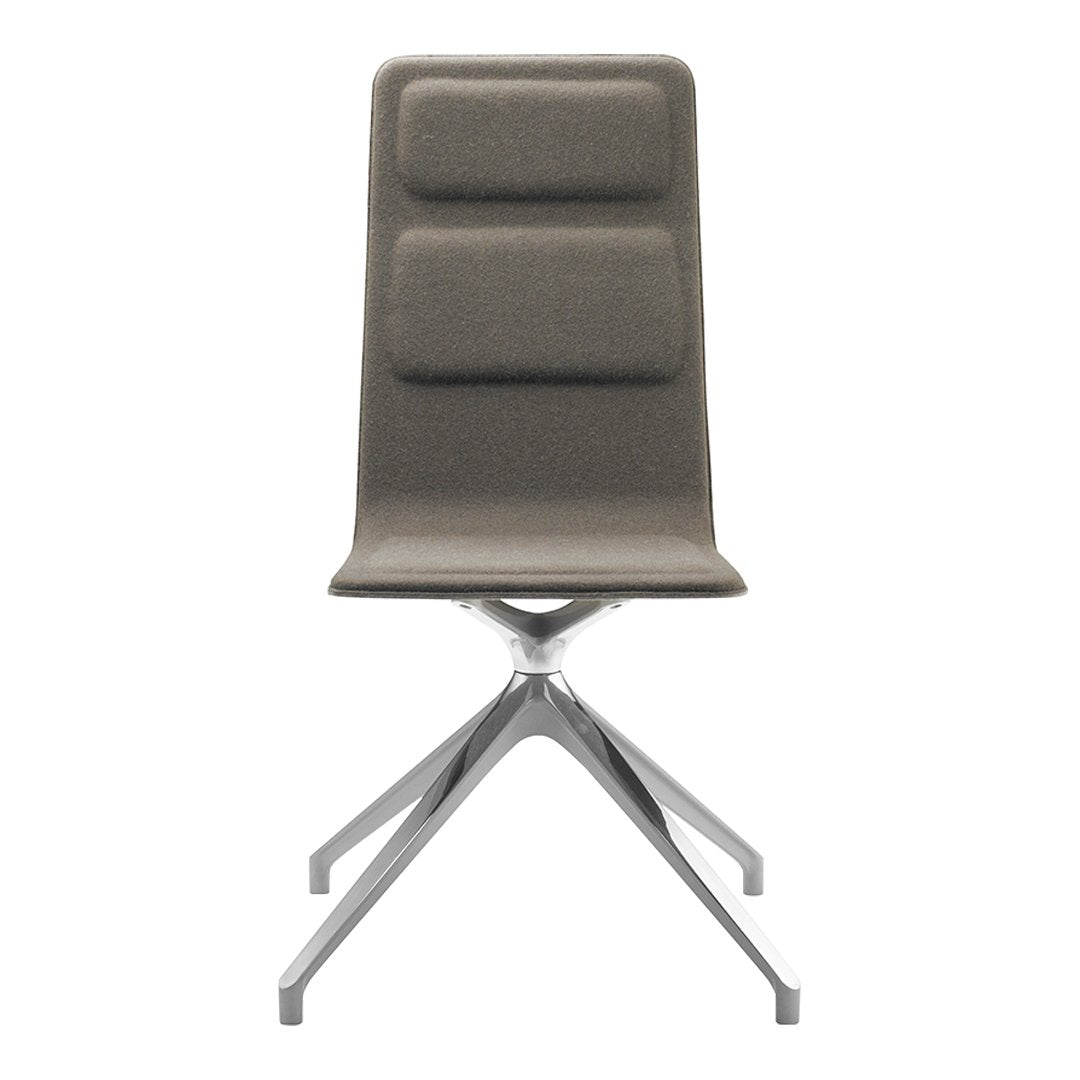 Sleek grey dining chair with a smooth finish and minimalist design, featuring a chrome base and textured seat.