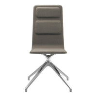 Sleek grey dining chair with a smooth finish and minimalist design, featuring a chrome base and textured seat.