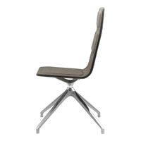 Modern grey chair with a sleek design and chrome base, featuring a minimalist pattern and smooth finish.