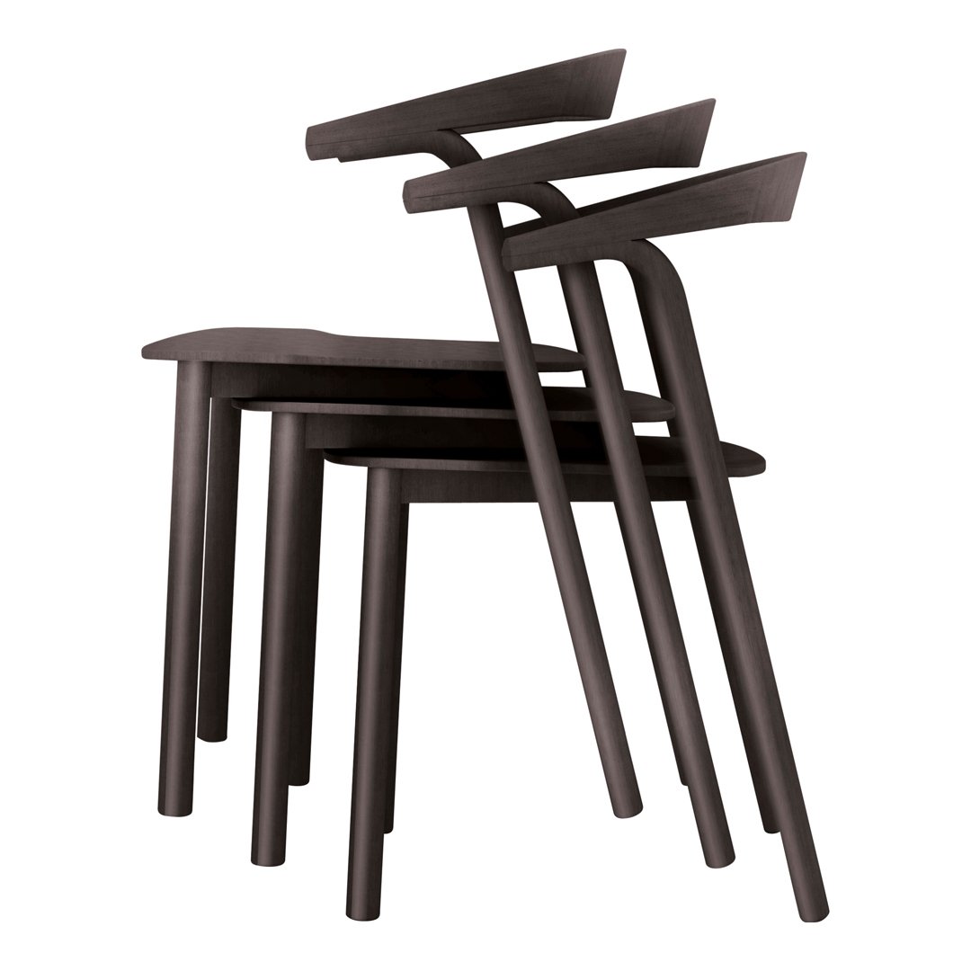 Stacked modern chairs in rich, dark wood finish with clean lines and minimalistic design. Perfect for contemporary decor.