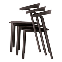 Stacked modern chairs in rich, dark wood finish with clean lines and minimalistic design. Perfect for contemporary decor.