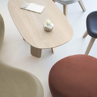 Contemporary furniture with soft earth tones: beige, rust, and muted gray, featuring a sleek wooden coffee table.