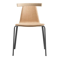 Beige fabric chair with a smooth texture and sleek black metal legs, featuring a minimalist design.