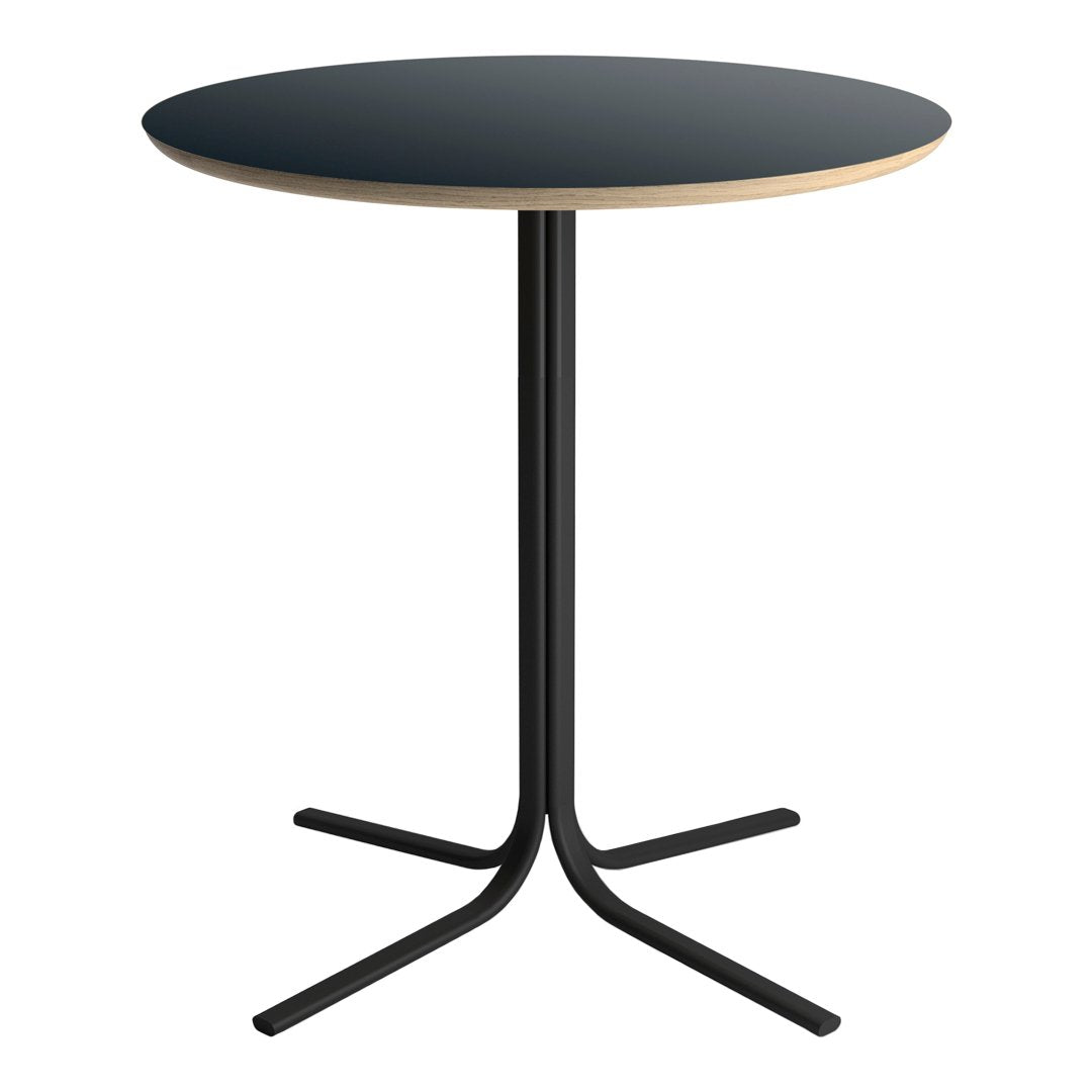Round black table with a sleek wood-edged top and a minimalist black metal base, perfect for modern decor.