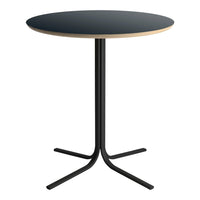 Round black table with a sleek wood-edged top and a minimalist black metal base, perfect for modern decor.