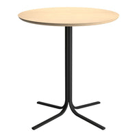 Round wooden tabletop in light natural finish, supported by a sleek black metal base. Modern minimalist design.