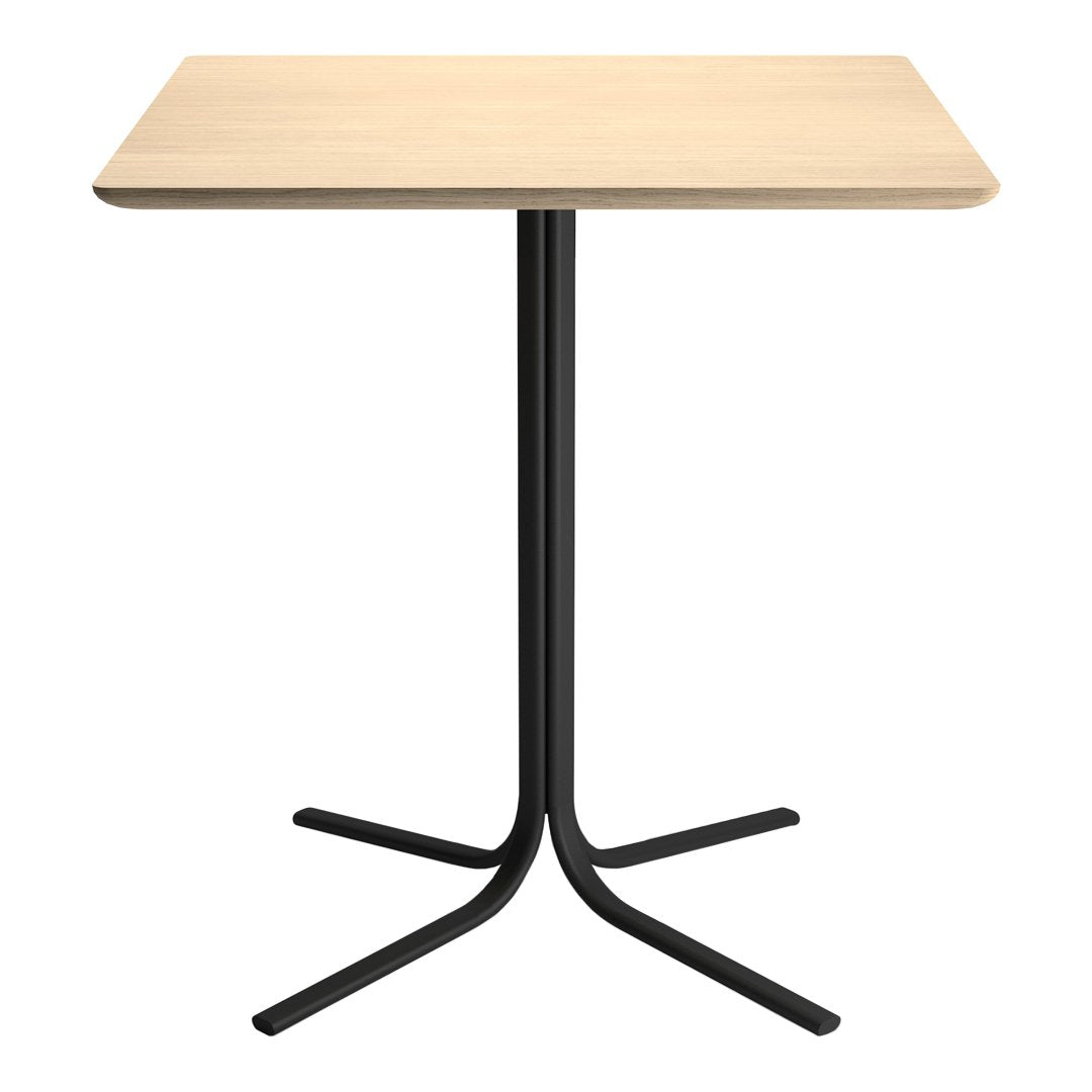 Light wood square tabletop with a sleek black metal base, minimalistic design for modern decor.